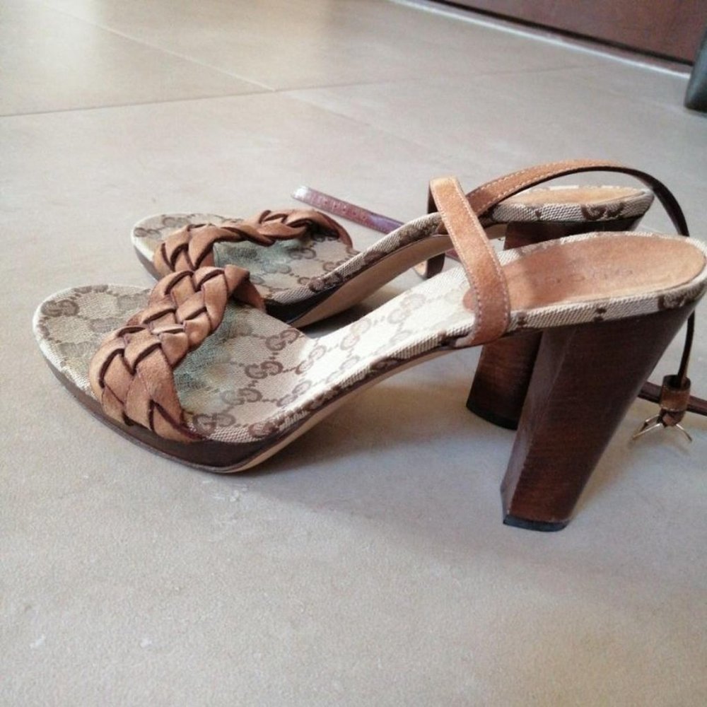 Authentic Gucci Monogram And Leather Platform San… - image 1